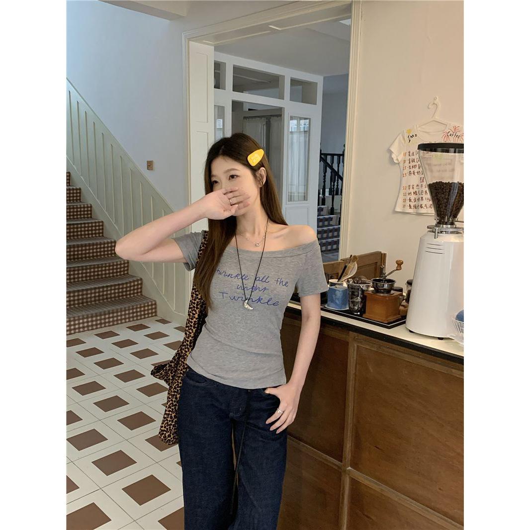 

Korean diagonal collar letter short-sleeved T-shirt women s summer Nanyou new versatile slim and thin printed ins top xl ( 55-60kg )