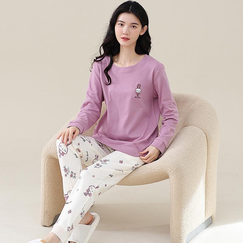 Women's Korean-Style Pure Cotton Printed Long Sleeve Pajama Set for Autumn/Spring
