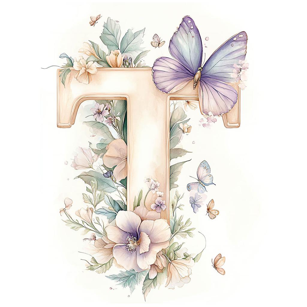 Poster Buchstabe "T" In Blumen Und Schmetterlingen Poster Buchstabe "T" In Blumen Und Schmetterlingen, 30X40 Cm, Ohne Rahmen, Mattes Papier 230 Gsm