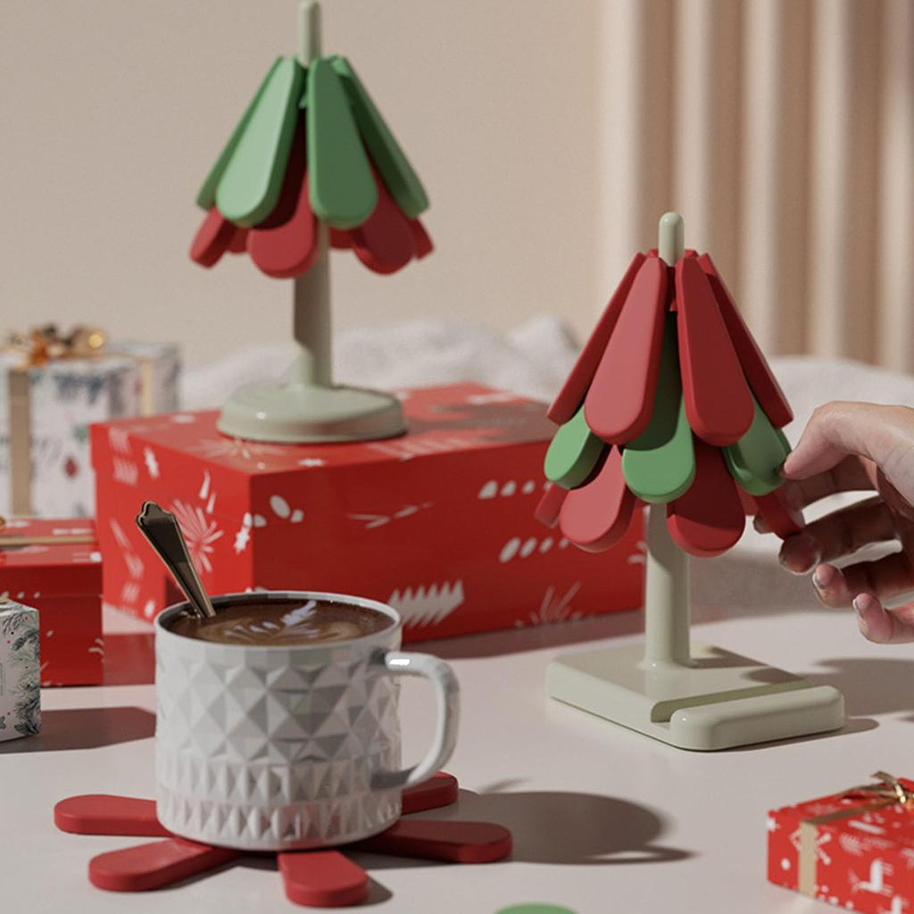 Tree Shape Trivet, Anti Scald Foldable Silicone Trivets for Hot Dishes Heat Resistant Easy to Clean Tree Trivet with 3 Coasters