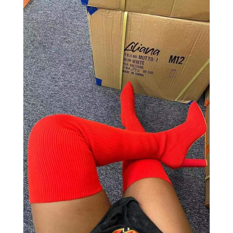 Autumn and winter pointed thick heel knitted knee boots women's European, American foreign trade large size elastic wool socks long boots