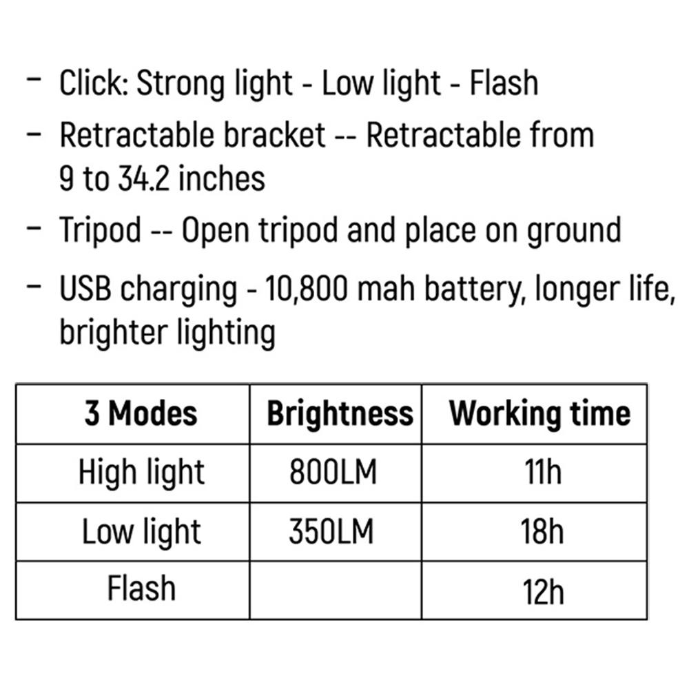 LED Camping Light Retractable Tripod Light Portable 10800mAh Rechargeable Work Lamp with Rotatable