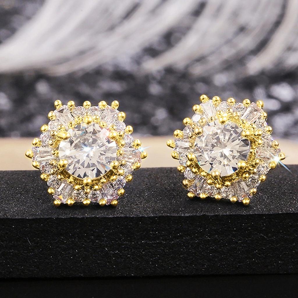 Round Center Stone Mixed Cut Double Halo Flower Stud Earrings Elegant Women Daily Party Jewelry