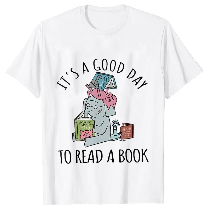 Es ist ein guter Tag zum Lesen T-Shirts Damen Buchliebhaber Lehrer T-Shirts Elefanten Cartoon Damenbekleidung Vintage Damen T-Shirts Oberteile