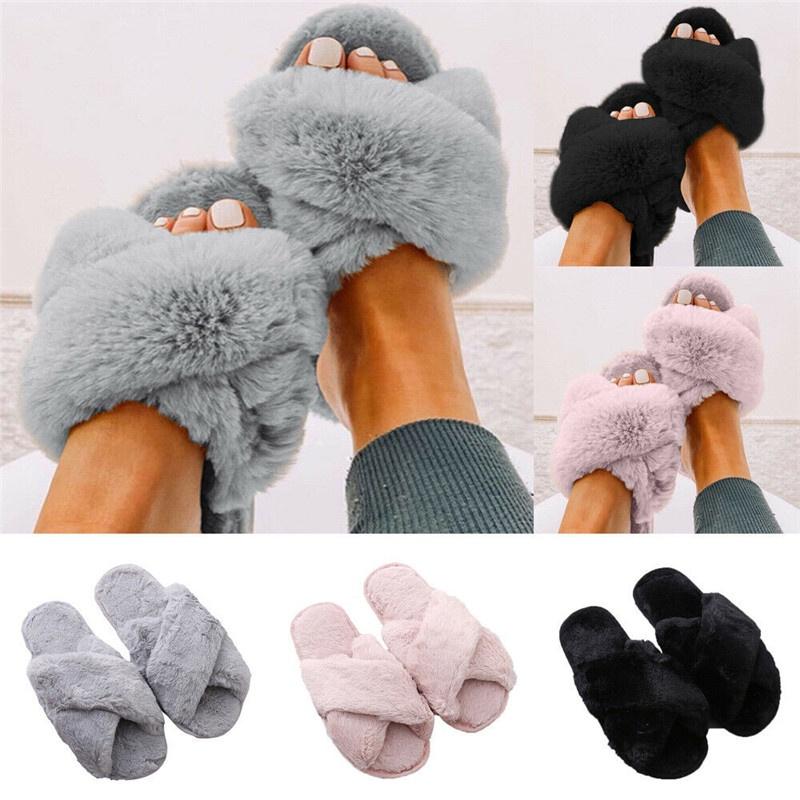 Weiche und bequeme Damen-Fell-Sandalen Offene Zehenpartie Pelz-Schieber Hellrosa