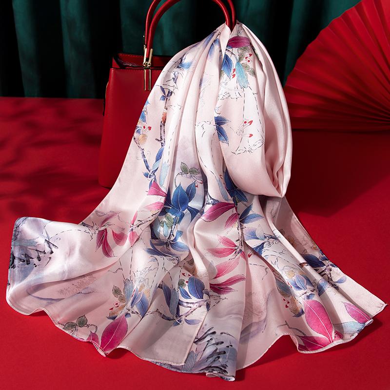 Women Silk Scarf Long Head Scarves Luxury 100% Silk Shawls Wraps Floral Summer Hair Scarf Print Neckscarf Pure Real Silk Scarves