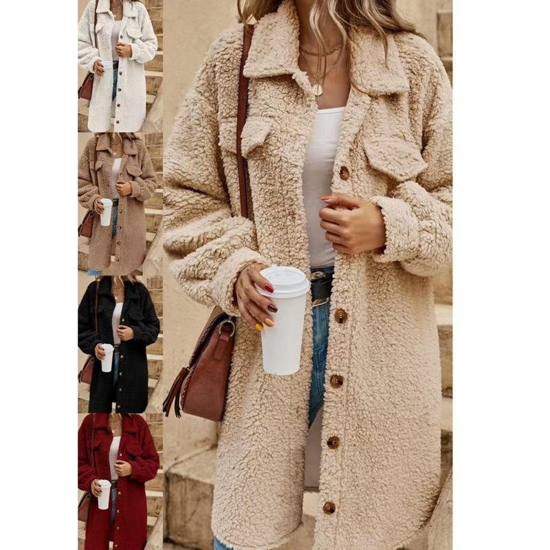 Autumn Winter Long Sleeve Lapel Plush Coat Female Casual Office Outer Wear Long Coat Ladies Elegant Solid Color Warm Coat