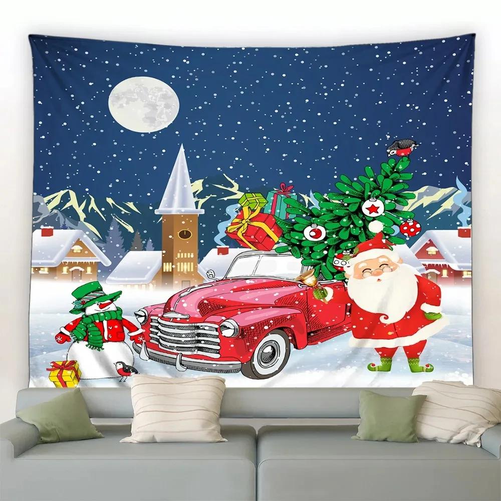 Cartoon Santa Claus Pattern Tapestry Home Bedroom Living Room Wall Decoration Christmas Theme Tapestry