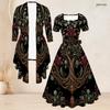 Women Plus Size Two Piece Set Floral Printed Open Front Cardigan Square Neck Short Sleeve Tie Waist Flared Dress