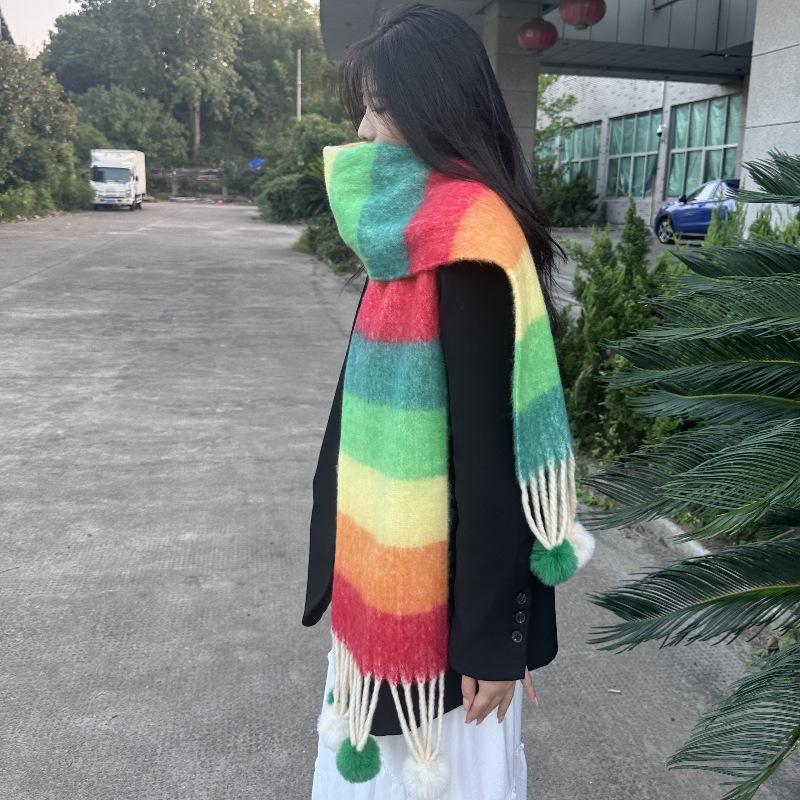 

Осенне-зимний теплый радужный шарф в полоску, универсальный шарф с кисточками, корейский выпуск, высококачественная утолщенная мохеровая шаль для женщин 200*40cm