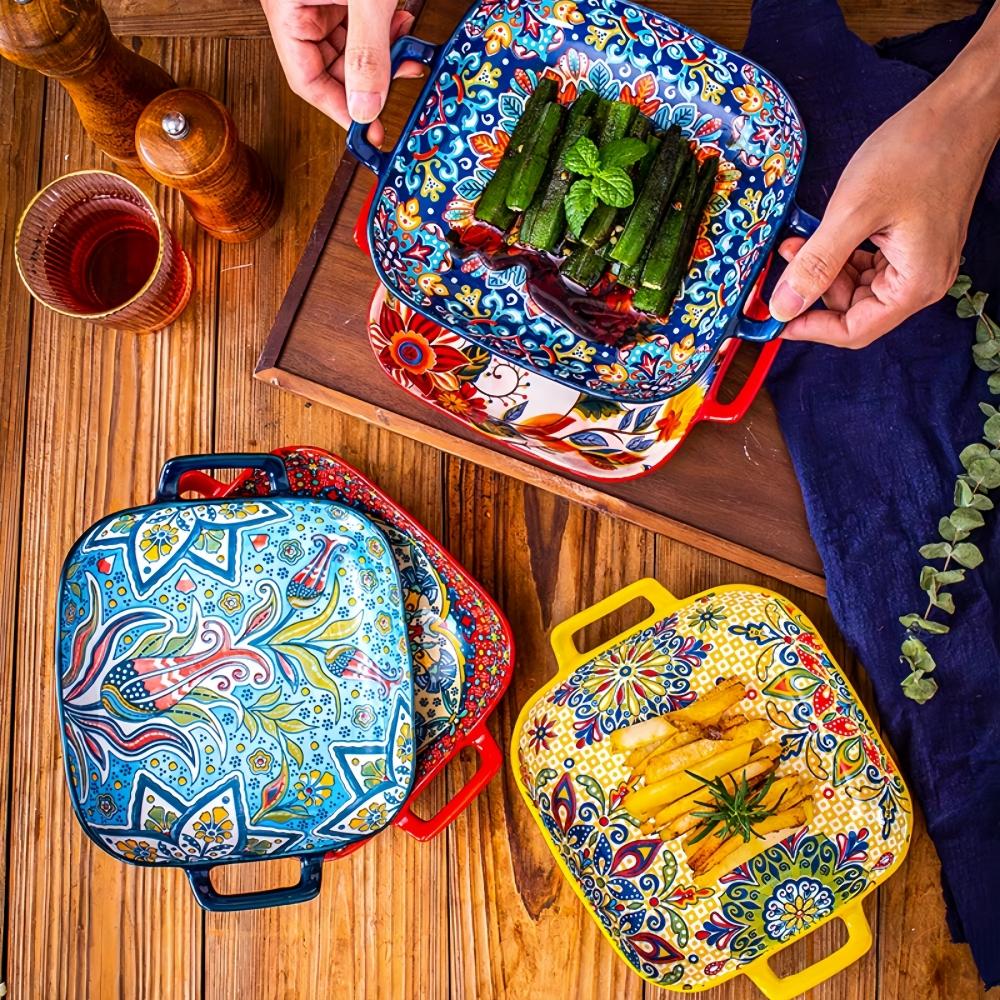 Hand-painted Bohemian Ceramic Baking Dish Square with Handles For Pasta and Desserts Suitable for Oven and Microwave.