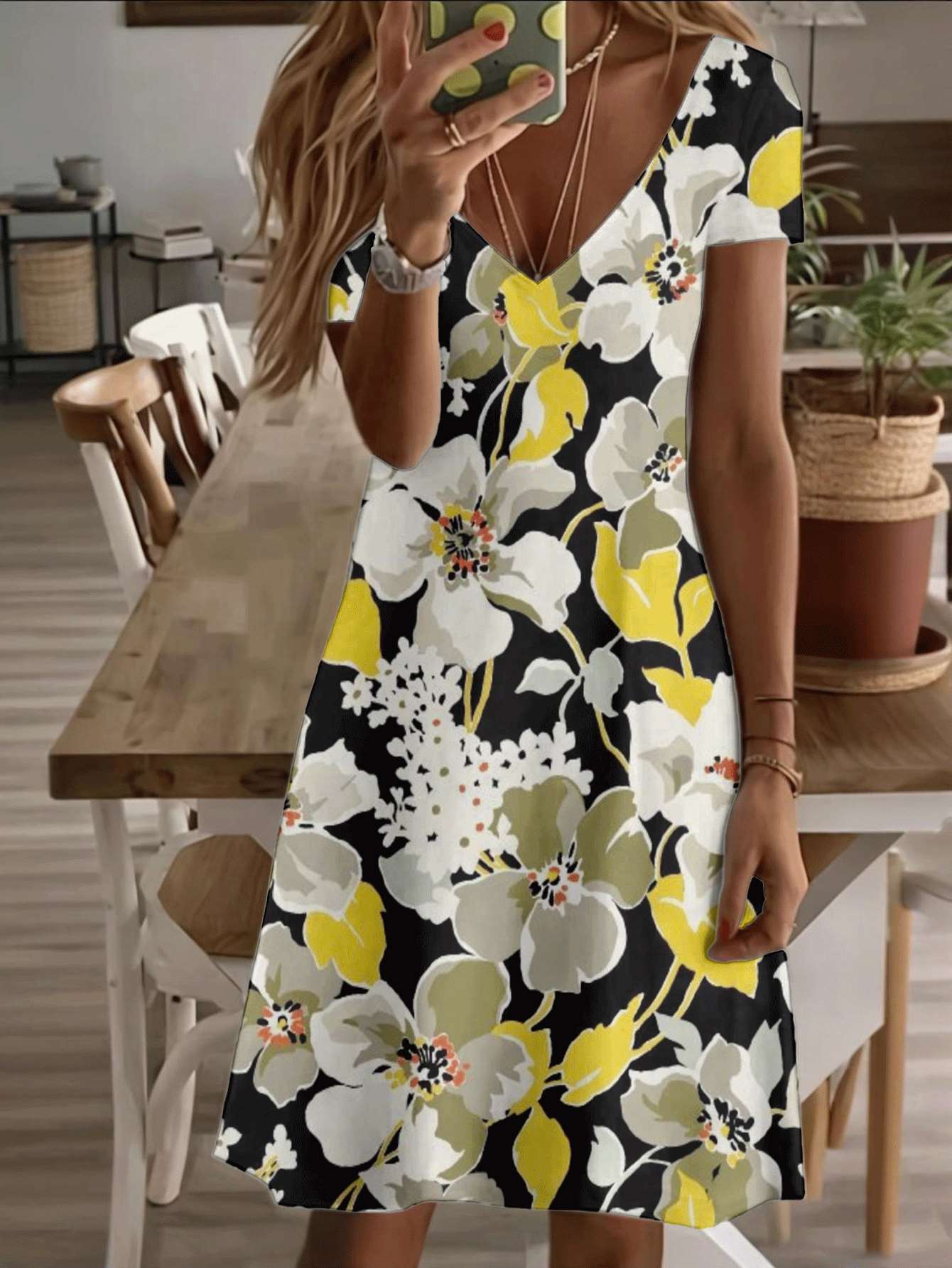 

Vneck shortsleeve midi dress floral print pattern 3D premium printing durable casual fashion elegant summer women’s outfit stylish yellow white blosso 7XL