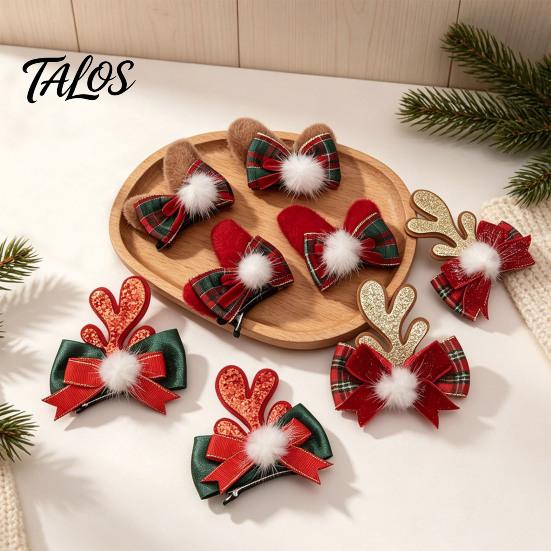 Decorative Antler Hair Pins 2Pcs Christmas Clips with Plaid Bows and Pom Poms Decor, Festive Holiday Winter Party Accessories for Women Girls,