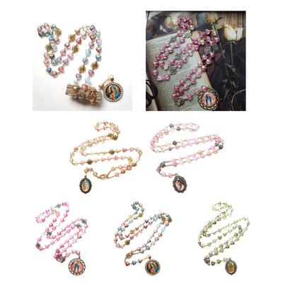 Elegant Rose Heart Beads Glass Pendant Rosary Necklace Christian Prayer Fashionable Vintage Neckwear for Daily Wear