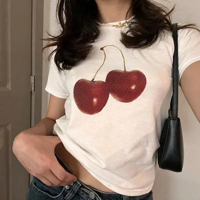 Aesthetic Summer Baby Tee Streetwear Goth Harajuku Letter Graphic Cherry Print T-shirt Vintage Crop Tops Women 2000s Y2K Clothes