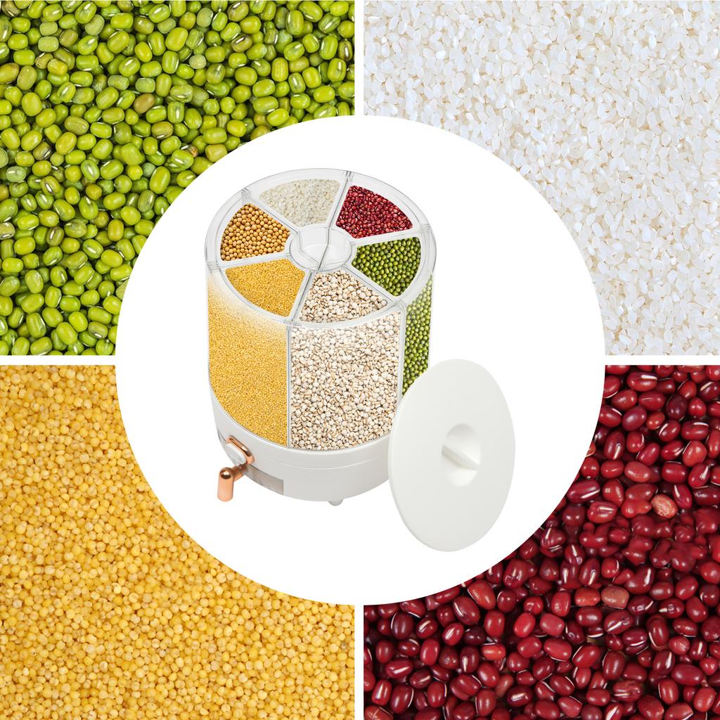 6 Compartment Kitchen Grain Storage Container, White Rotating Dry Food Dispenser for Rice, Beans, Pasta, Cereal, Oats, Flour