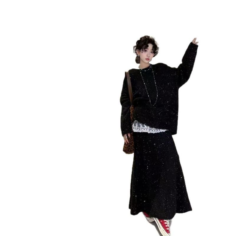 Lazy wind soft waxy sweater elastic waist fishtail long dress two-piece set autumn and winter new sequined knitted suit women