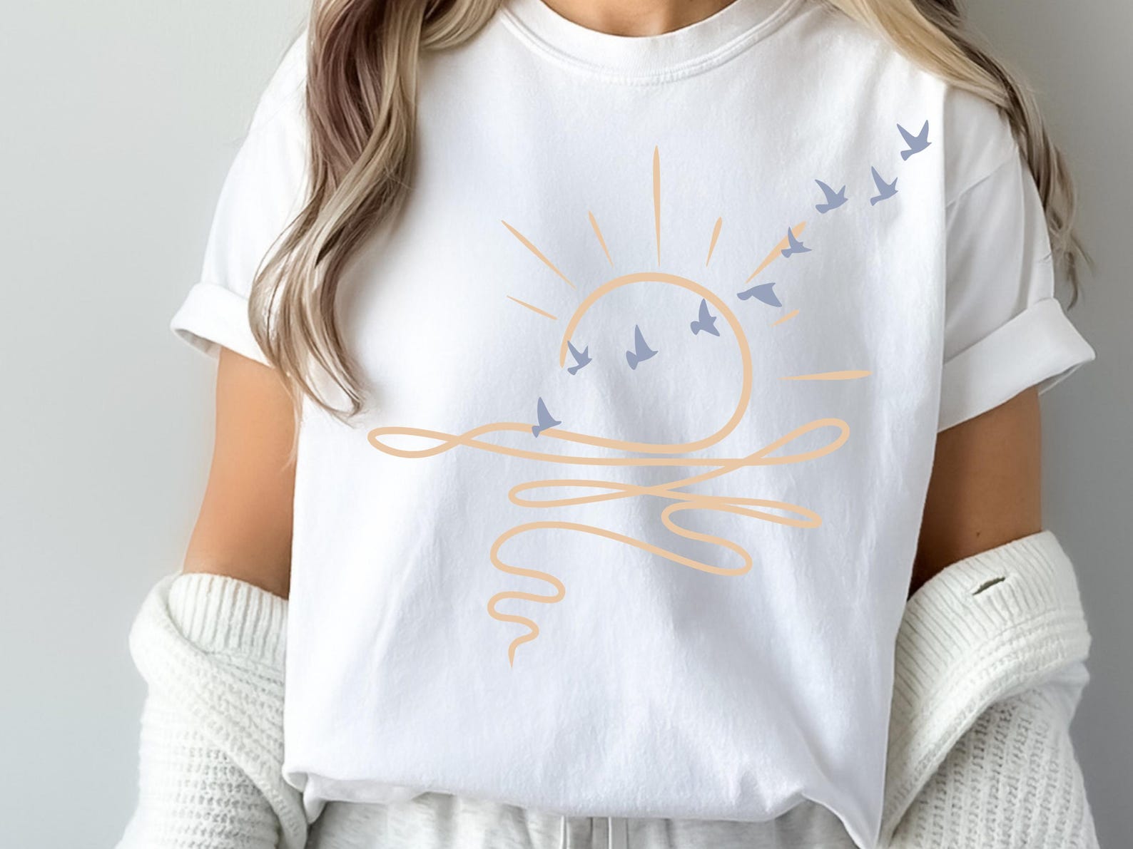Minimalist Sun and Birds Graphic Tee, Boho Beach Summer Shirt L