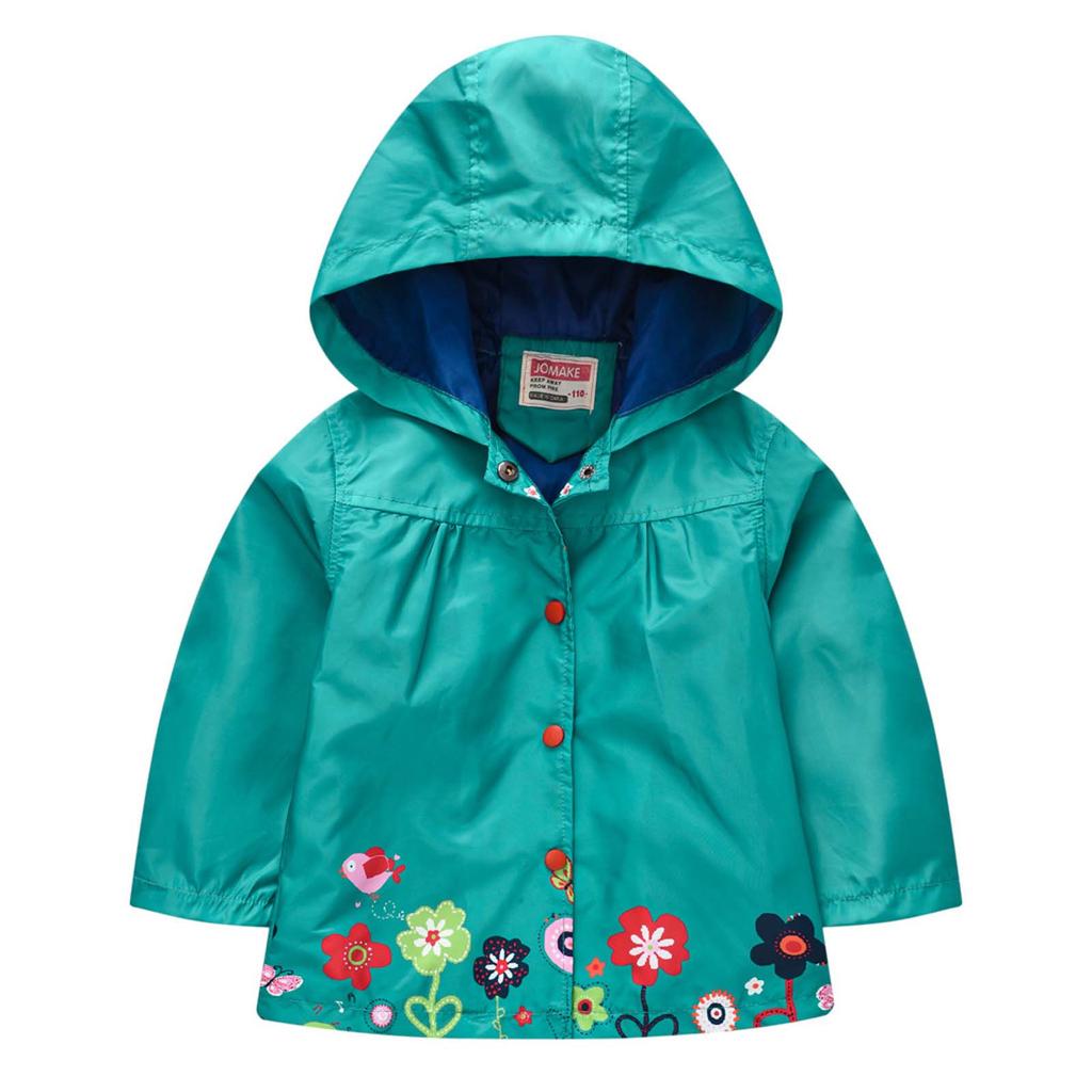 Kinderkleidung Mädchen niedlicher Knopfmantel bedruckte langärmelige Windjacke mit Kapuze