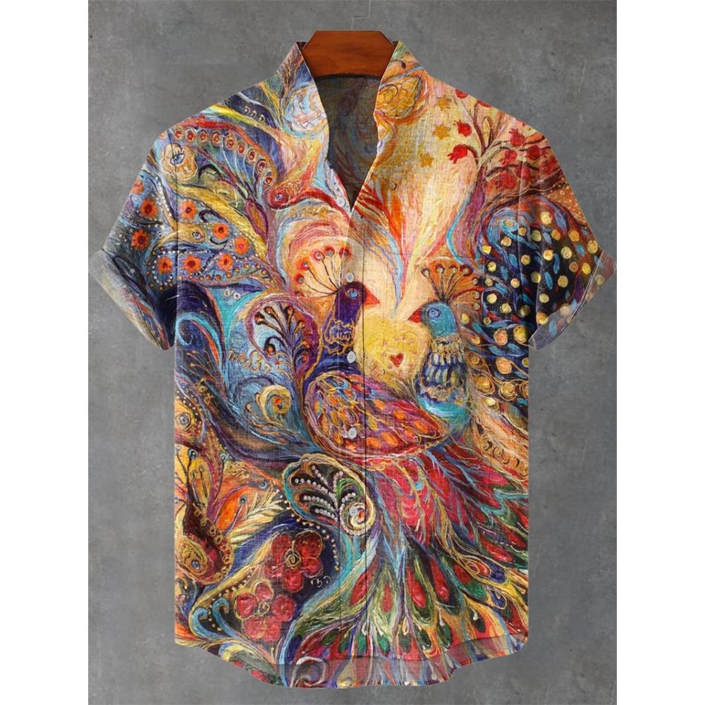 Nuova Camicia da Uomo a Maniche Corte Stile Etnico Vintage Stampa Artistica di Pavone Geometrica 3D Camicia Casual in Lino