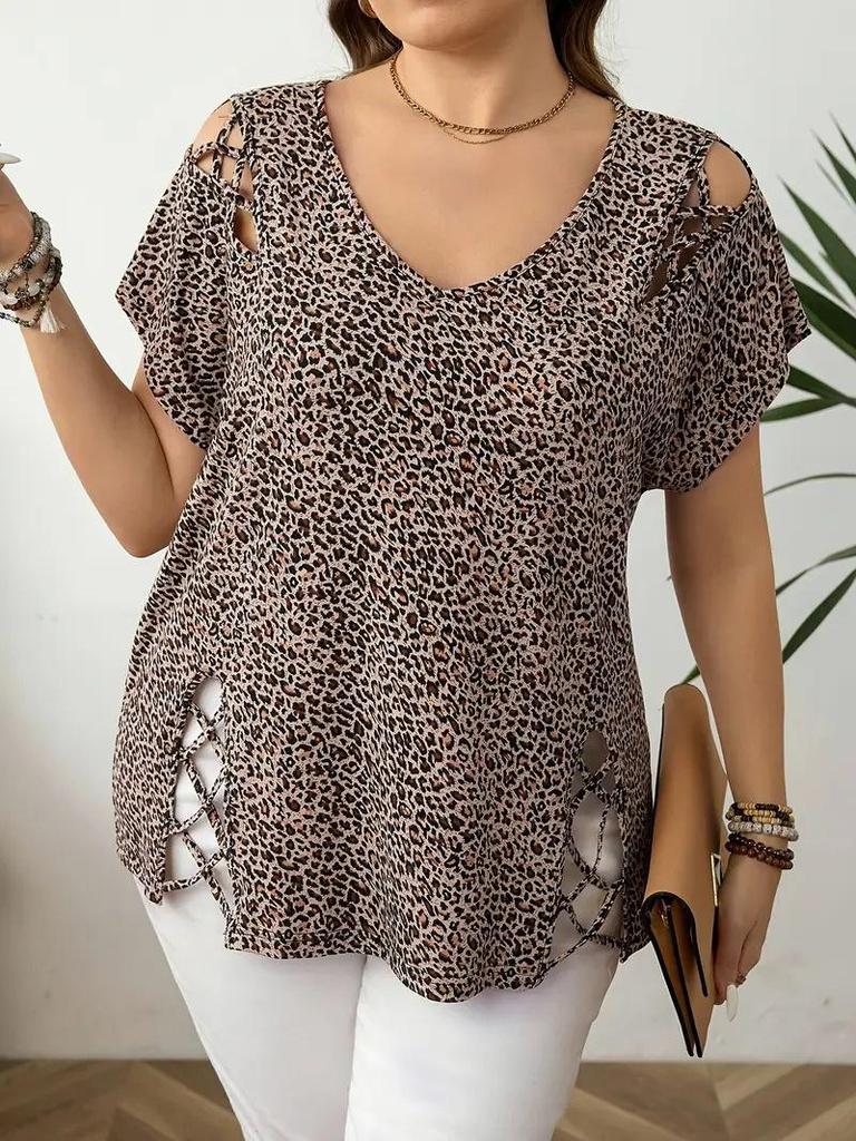 Plus Size Leopard Print V-neck Short Sleeve Loose Women's T-shirt (European & American Fashion)