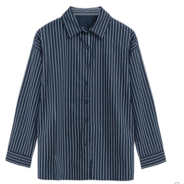 Autumn New Mid To Long Loose Blue Striped Plus Size Long Sleeved Shirt for Women In Summer