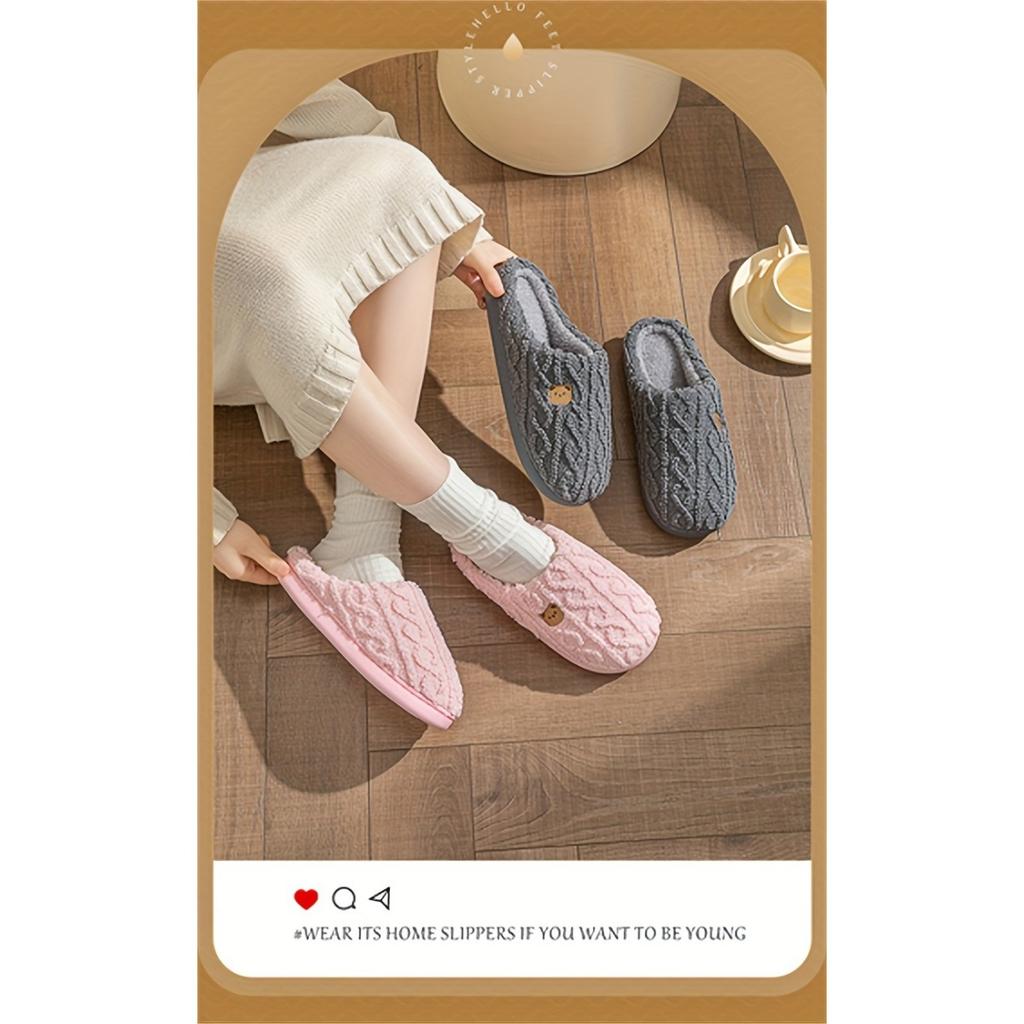 Jednobarevné minimalistické teplé pantofle s potiskem pruhů a medvídka pro domácí použití, měkké a pohodlné pro muže a páry, vhodné pro muže i ženy