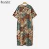 ZANZEA Womens Vintage Short Sleeve Floral Print Casual Long Dress