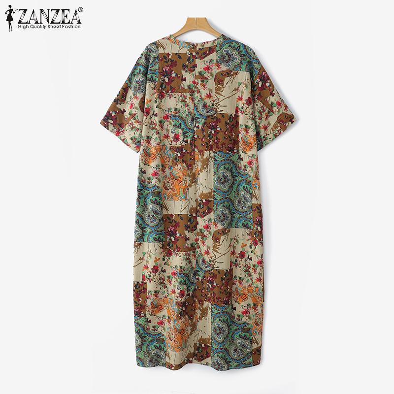 ZANZEA Womens Vintage Short Sleeve Floral Print Casual Long Dress