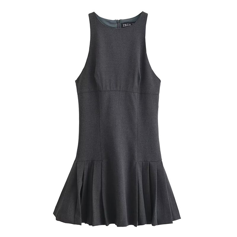 

Crewe College French Style Retro Sexy Wide Pleated round Neck Waist Trimming Sleeveless Vest Dress Elegant Pleated Skirt Dark gray L