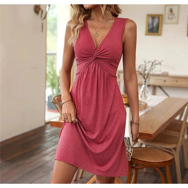 European And American Style Ladies Summer Long Skirt Sleeveless V-neck Design Sense Chest Kink Pleated Waist Dress
