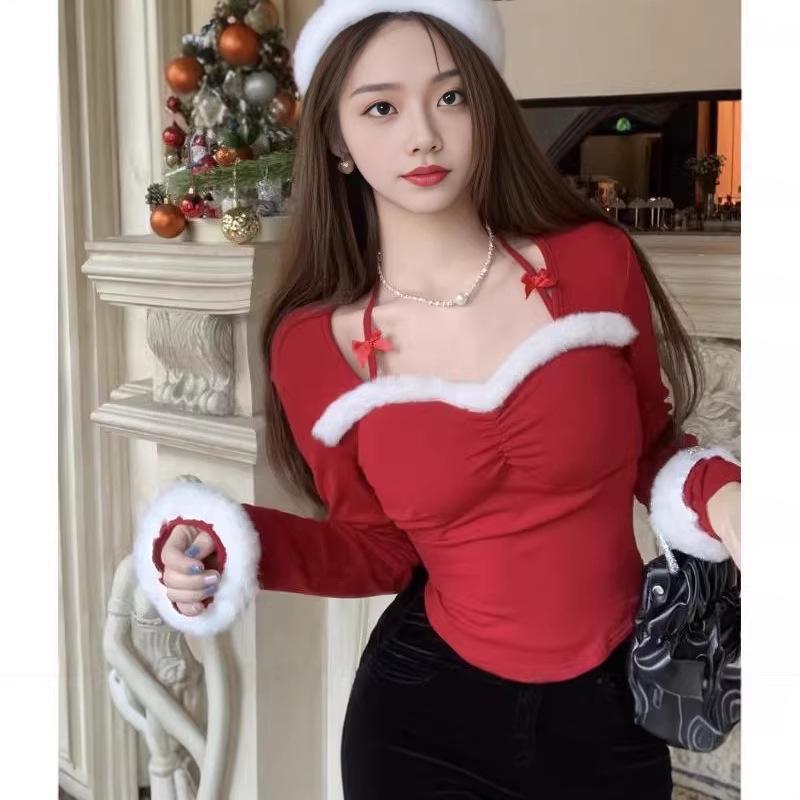 Trendy Spicy Girl Furry Halter Square Neck Long-Sleeve Base Layer Top