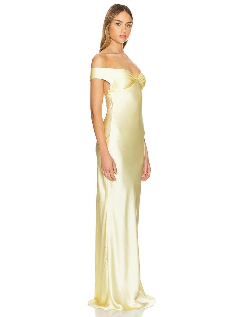 Elegante abito da sera europeo a sirena in raso con spalle scoperte, collezione 2025.