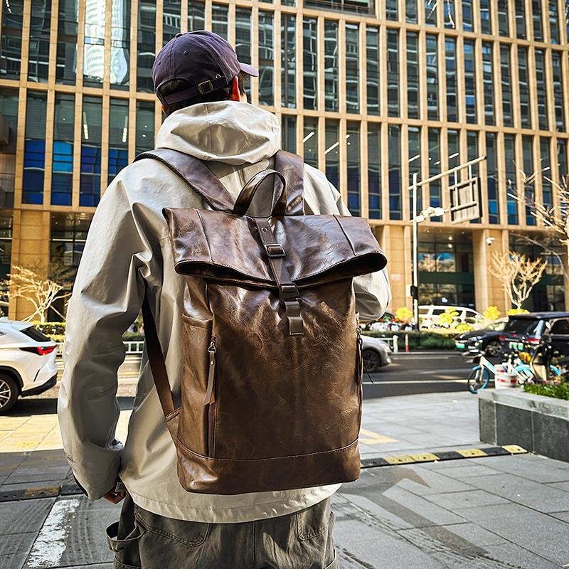 Plecak z miękkiej skóry Plecak męski Duża pojemność Torba na komputer Torba studencka do dojazdów Wodoodporna Jednolity kolor Torba podróżna