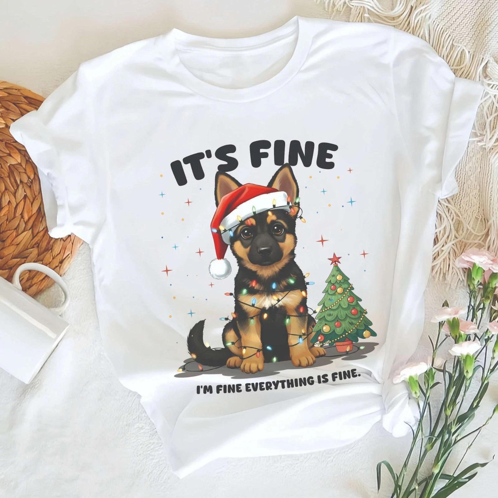 Cute German Shepherd Santa Hat Christmas Light It s Fine I m Fine Xmas Shirt S
