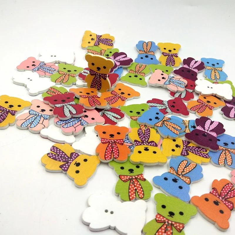 50pcs Bear DIY Wood Crafts Natural Wooden Buttons Cute Cartoon Kindergarten Child Clothing Accessories Toy Decorations Handmade