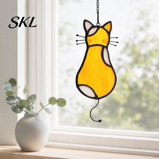 Retro Style Cat Decoration Acrylic Pendant, with Metal Hanging Chain, Stained Glass Effect Rental Friendly Window Decor Pendant Decoration,