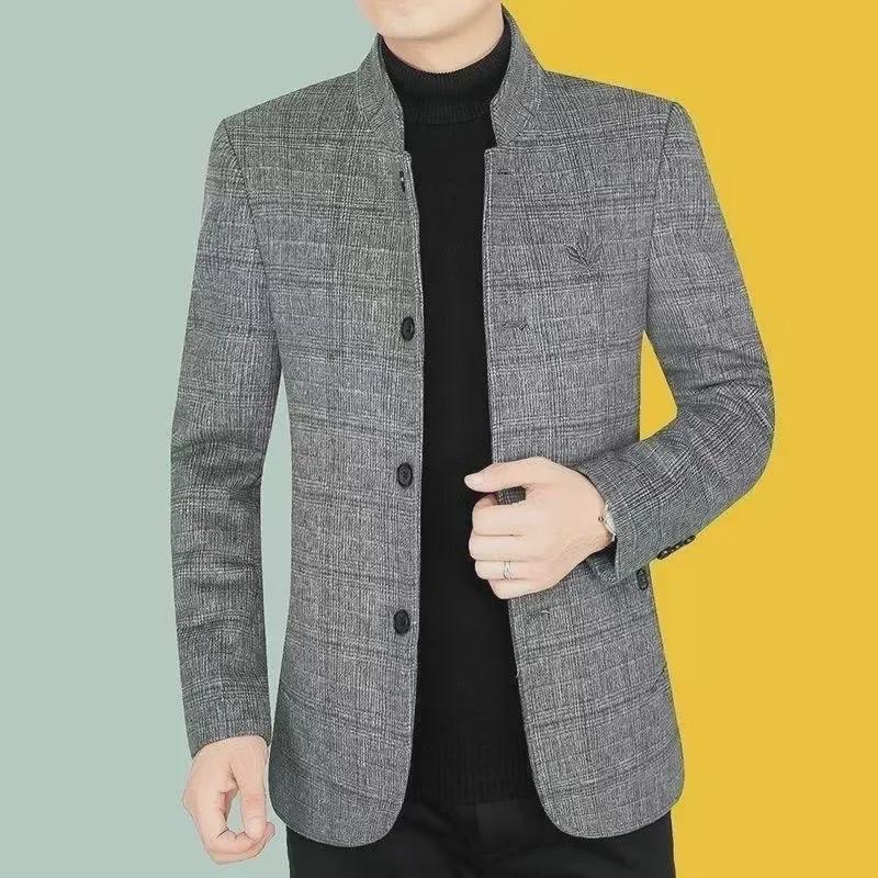 "Men's Woolen Stand Collar Jacket for Spring, Autumn, and Winter - Business Casual Middle-Aged Coat"