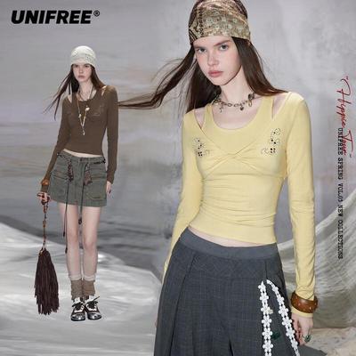 2026 Spring Korean Style Cross Design Faux Two-Piece Slim T-Shirt
