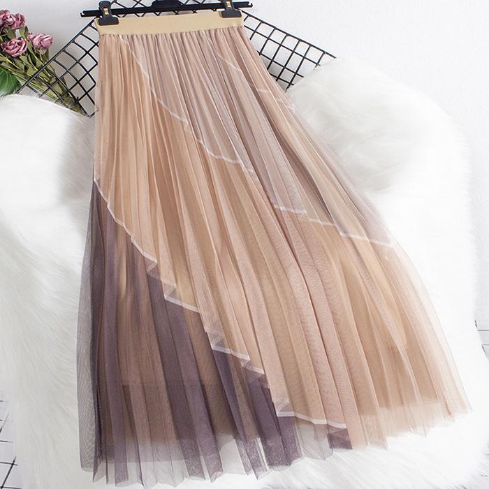 Women Spring Fall High Waist All Match Color Block Mesh A Line Skirt