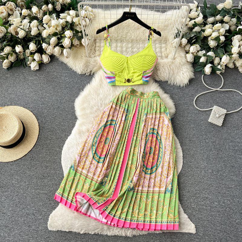 

Retro Set Camisole Pleated Skirt Tube Top Yellow-Green XL