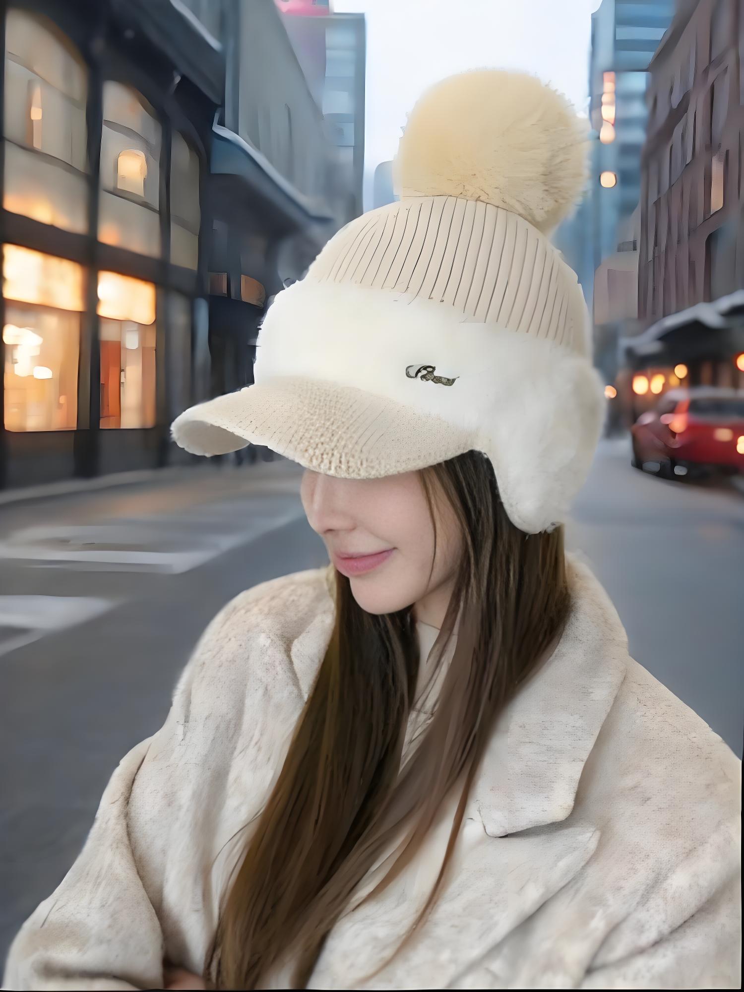 

Прошита норкова флісова защита вух, бейсболка з кролячого хутра, модна однотонна проста в язана шапка з хутряним помпоном M бежевий