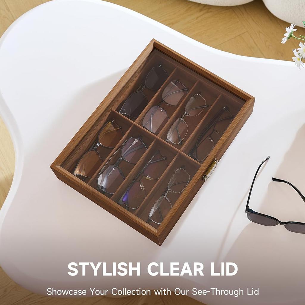 1pc 8 Grids Sunglasses Wooden Transparent Retro Storage Box with Latch, Velvet Display Cabinet,suitable for Women&men,lockable Multi Pair Glasses.