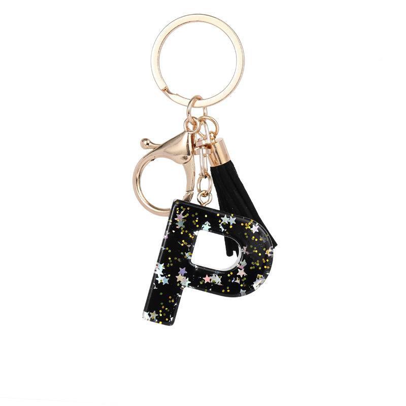 Black Glitter Star Sequins Resin 26 Letters Keychain Initials A-Z Keyring Tassel Charm Accessories Backpack Hanging Decoration