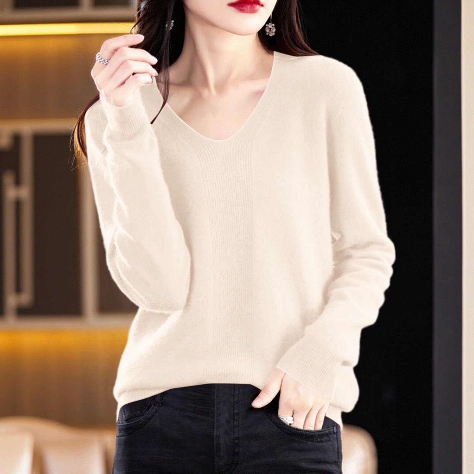 

Pullover Sweaters For Women V Neck Soft Lightweight Loungewear Breathable Loose Fit Long Sleeve Travel Sweater Tops L бежевый
