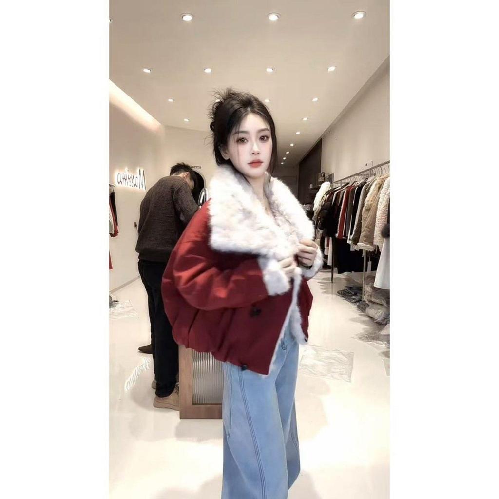 Damen Winter Set im Koreanischen Stil, lockere Passform: Schlankmachender Flauschiger Revers Warmer Baumwolljackenmantel