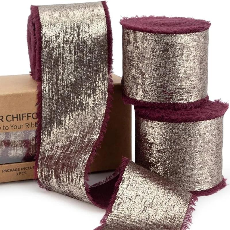 5 Yards Frayed Edged Satin Handmade Bronzing Ribbon for Wedding Invitation Bouquets Birthday Party DIY Decoration Gift 3Roll
