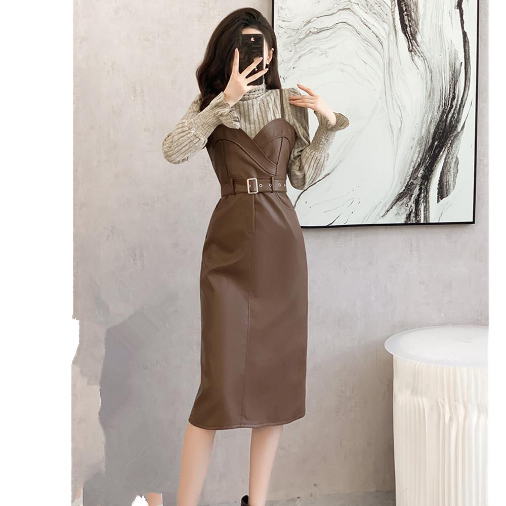 Streetwear PU šaty 2dílná sada Dámské outfity Neformální rolák Košile s rukávy a koženými šaty bez ramínek Dámské