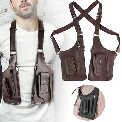 High Quality Men’s Chest/Underarm/Back Pack Tactical Vest Bag Style, PU Leather & Oxford Cloth, Vintage Design with Phone Pouch