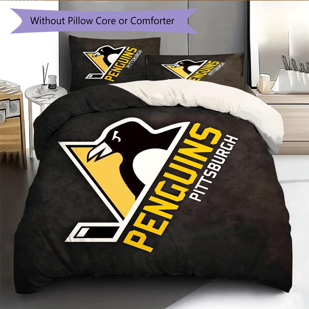 Pittsburgh Penguins Pattern Bedding Quilt Set  Home Decoration  Gift (1 * duvet cover + 2 * pillowcase  without core)